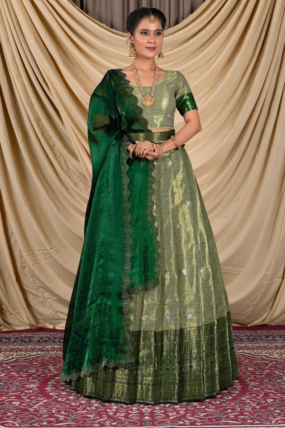 Pista Zari Silk Lehenga Choli With Zari Woven