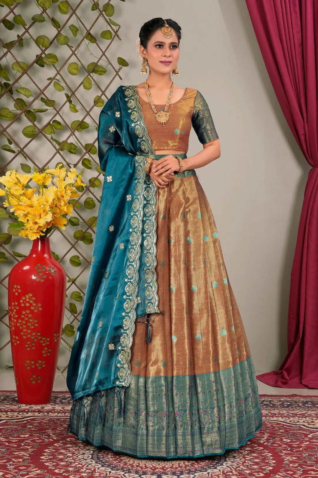 Woman in traditional Indian attire with a blue lehenga choli