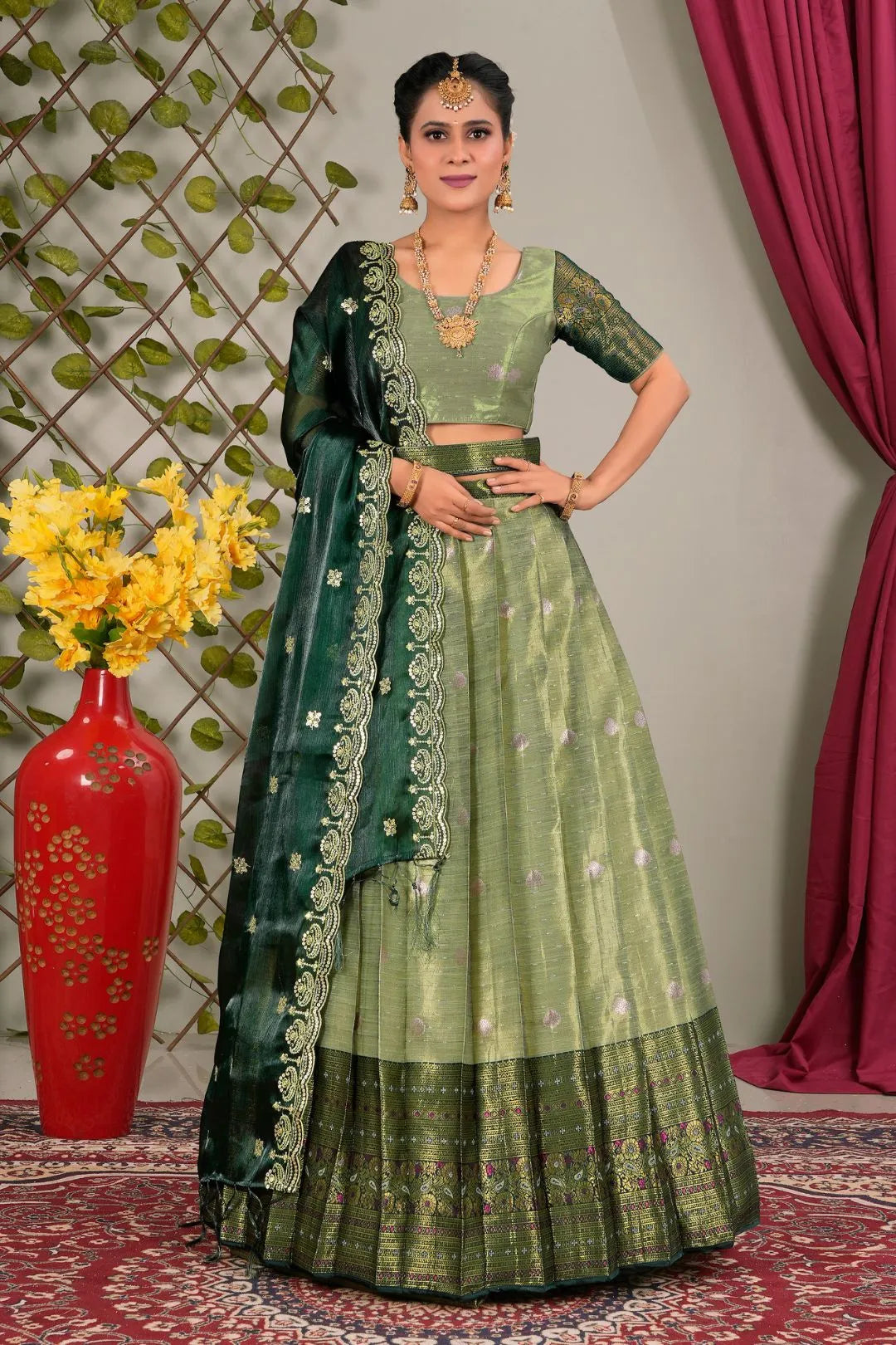 Pista Zari Silk Semi-Stitched Lehenga For Women