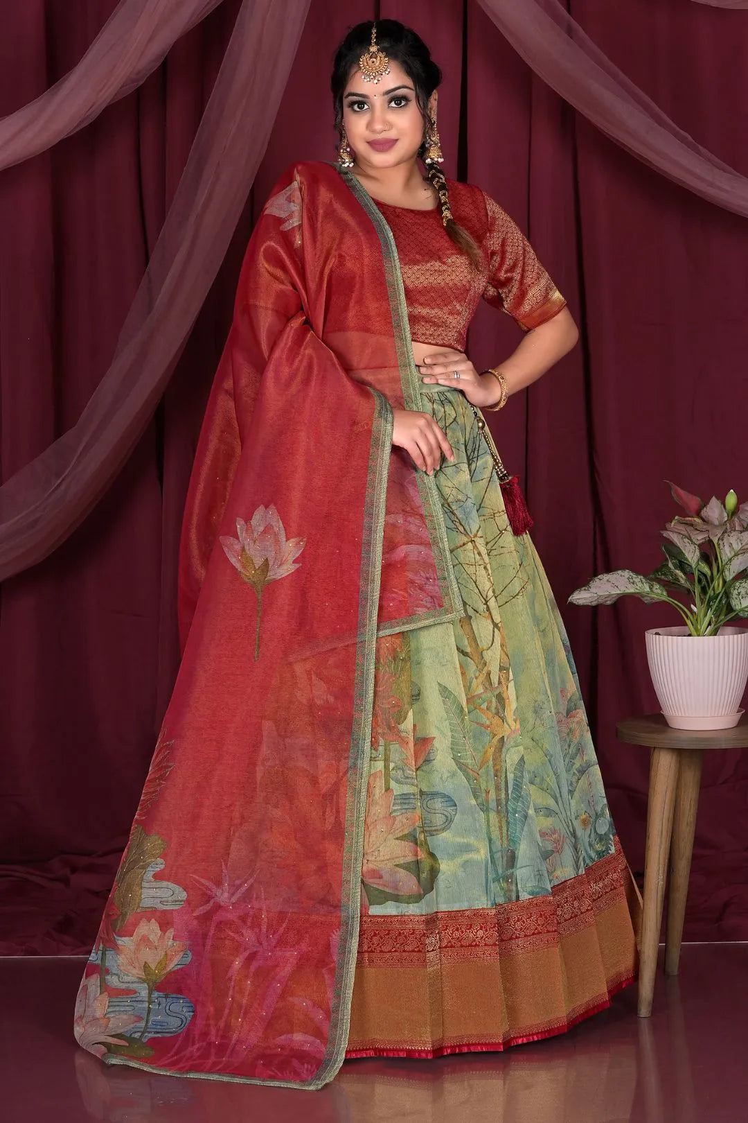 Pista Zari Work Tissue Silk Half Saree For Women