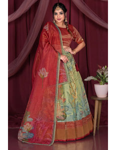 Pista Zari Work Tissue Silk Half Saree For Women