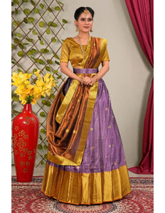 Woman wearing a traditional lehenga choli with a gold and purple pattern