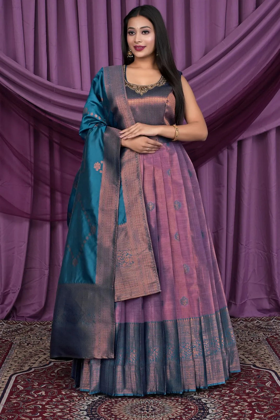 Purple Designer Banarasi Silk Gown With Dupatta