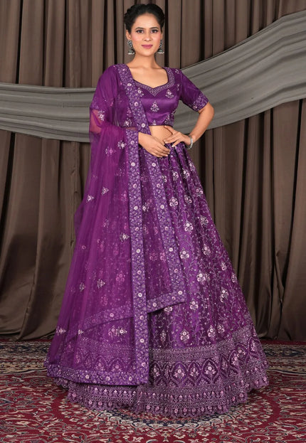 Purple Net Lehenga Choli With Embroidery Work