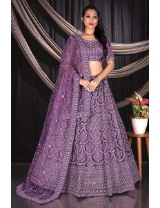 Purple Net Semi Stitch Embroidered Lehenga Choli For Women