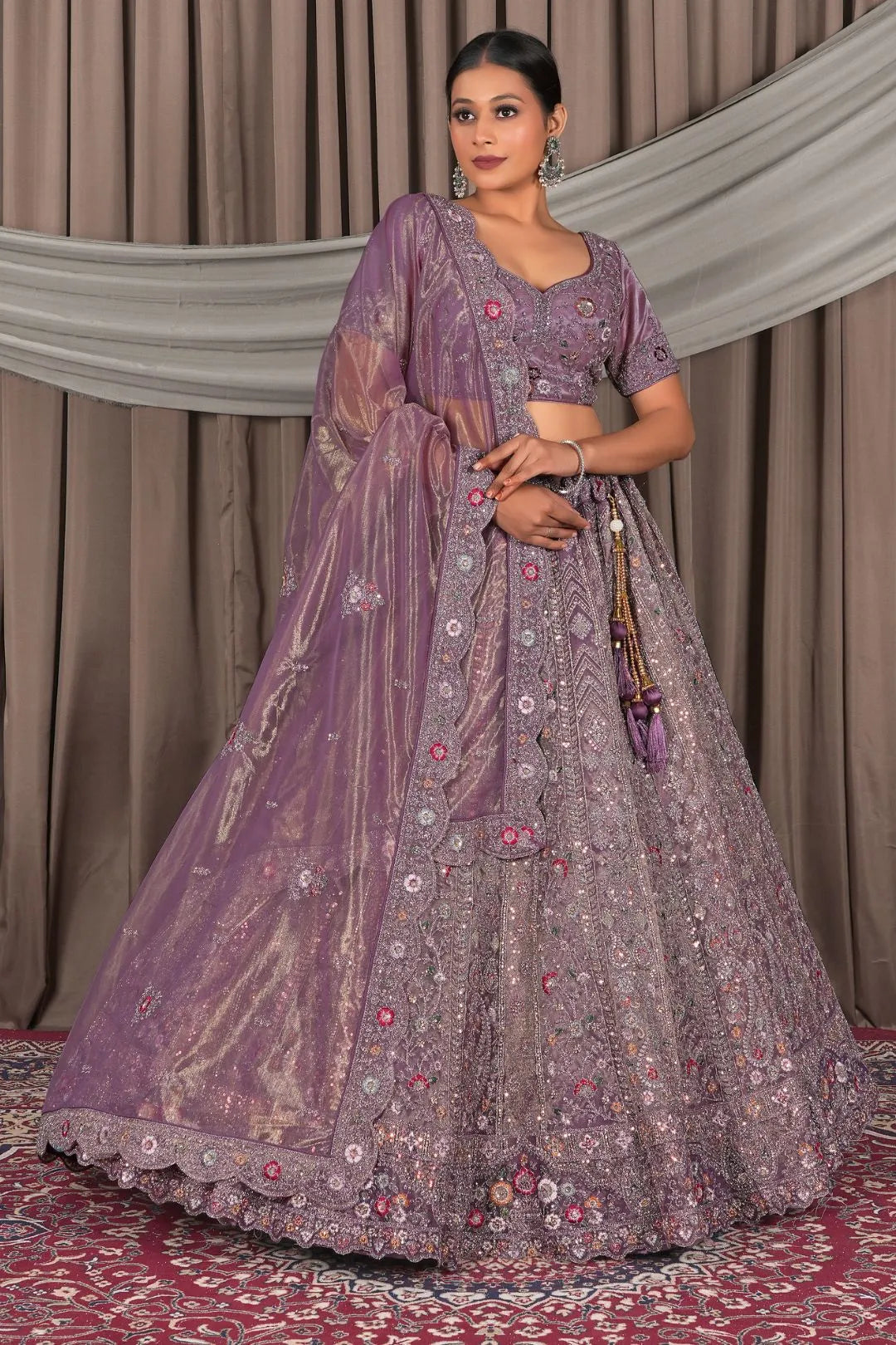 Purple Party Wear Embroidered Twill Net Lehenga Choli For Women