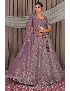 Purple Party Wear Embroidered Twill Net Lehenga Choli For Women