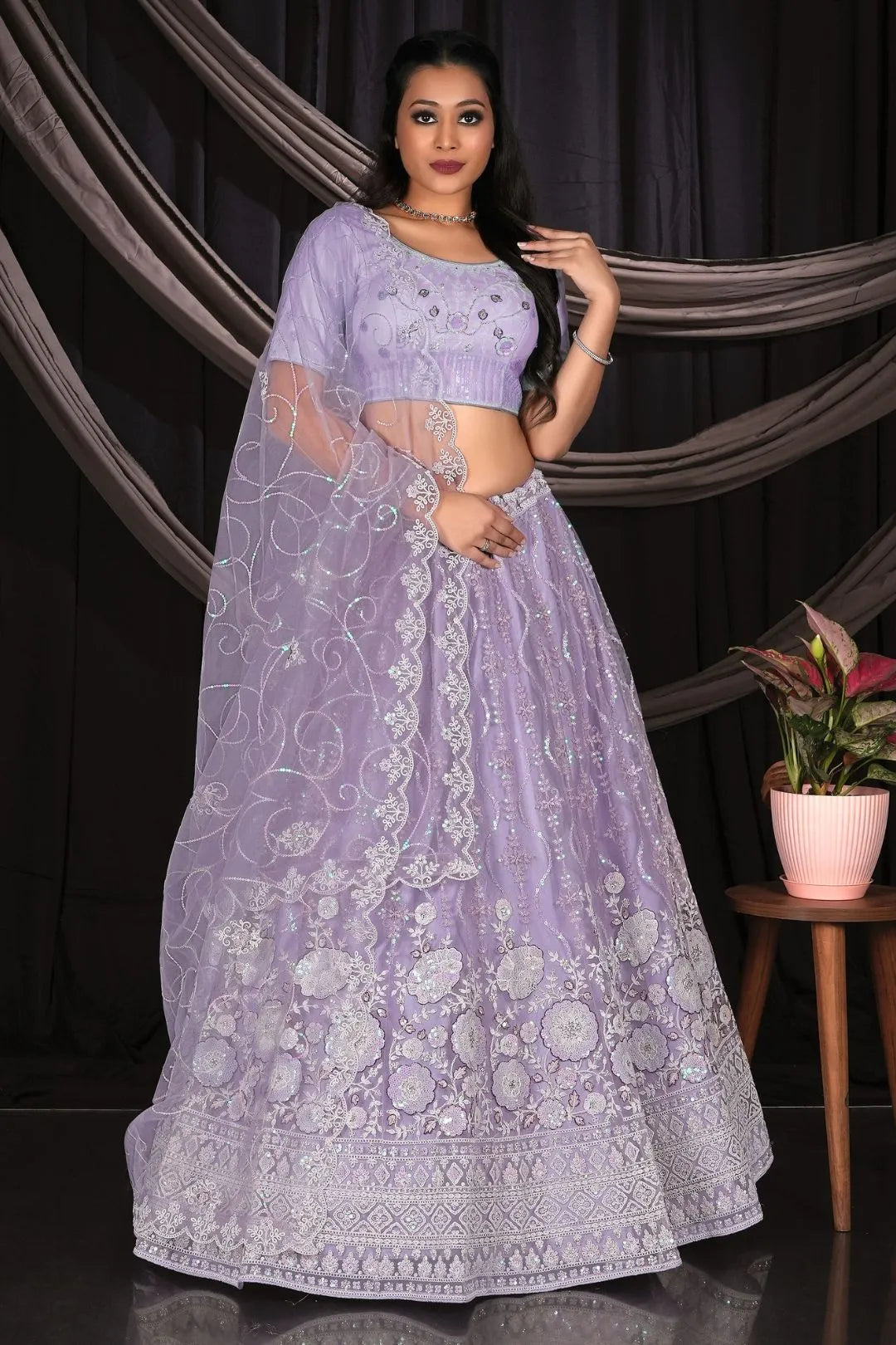 Purple Party Wear Net Lehenga Choli With Dupatta