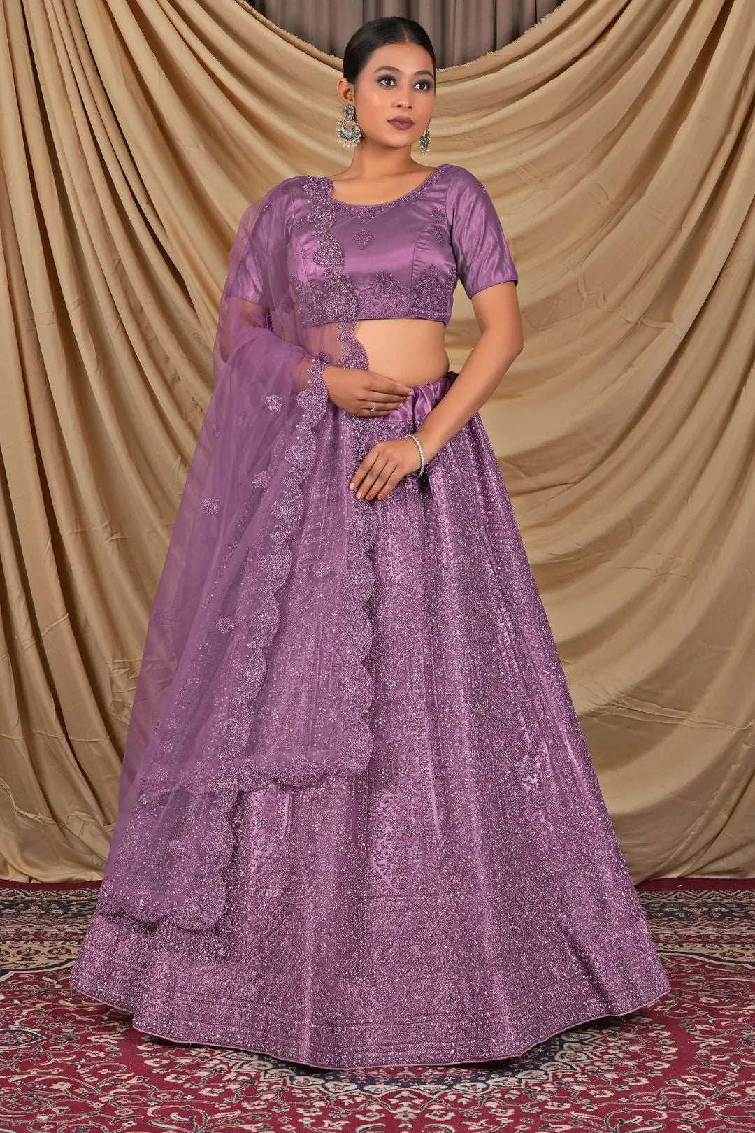 Purple Sequins Embroidered Net Lehenga Choli