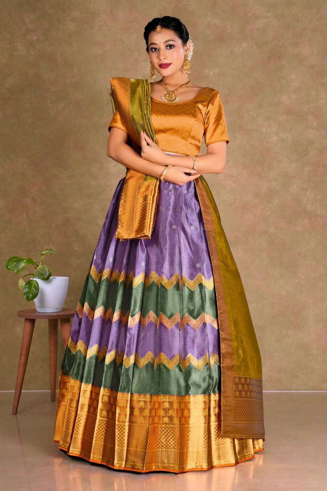 Purple Tissue Silk Pattu Half Saree With Zari Work