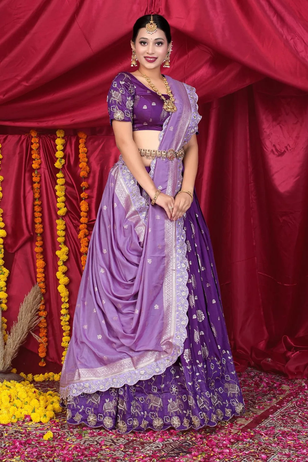 Purple Viscose Jacquard Pattu Lehenga Choli With Zari Work