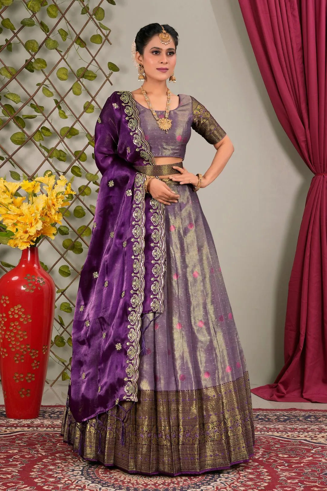 Purple Zari Silk Semi-Stitched Lehenga For Women