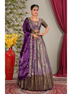Purple Zari Silk Semi-Stitched Lehenga For Women