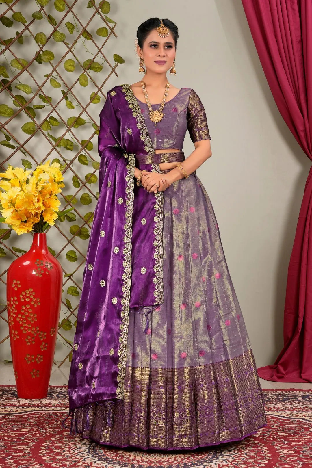 Purple Zari Silk Semi-Stitched Lehenga For Women