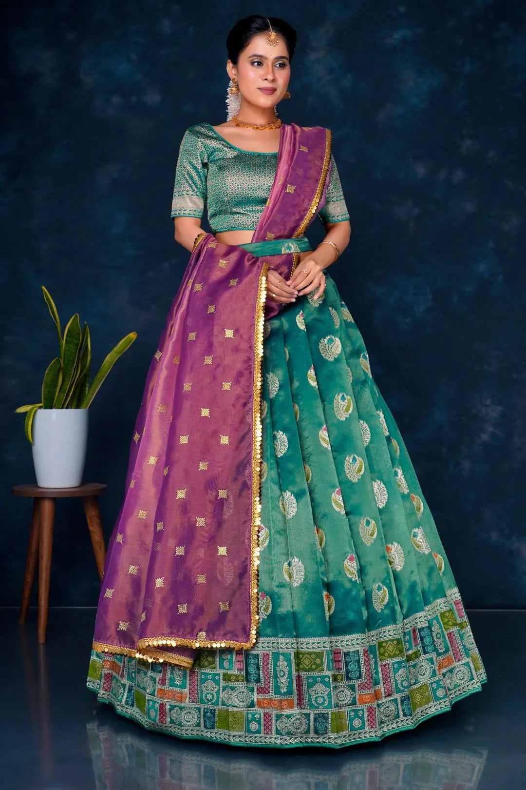 Rama Digital Print Banarasi Half Saree Set For Women