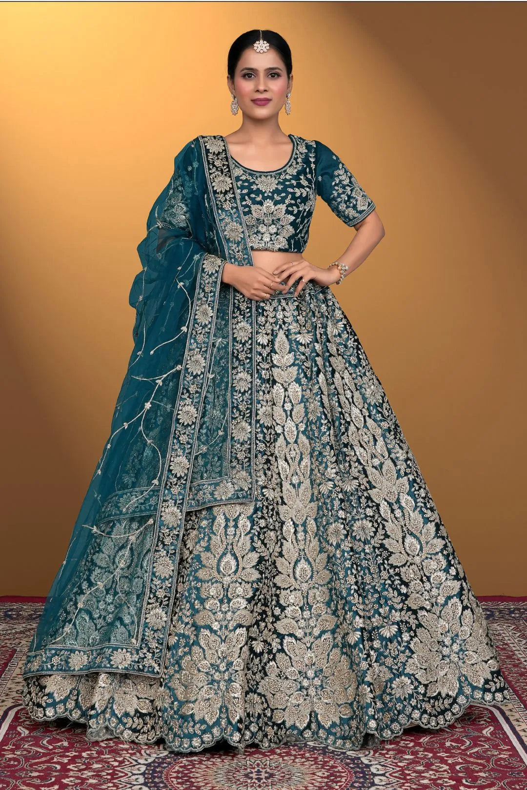 Rama Velvet Lehenga Choli With Net Dupatta For Women