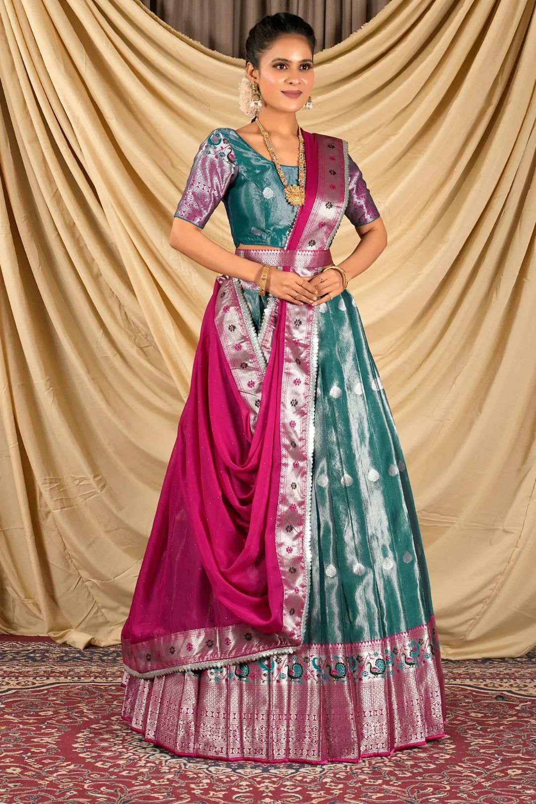 Rama Zari Banarasi Silk Half Saree For Women