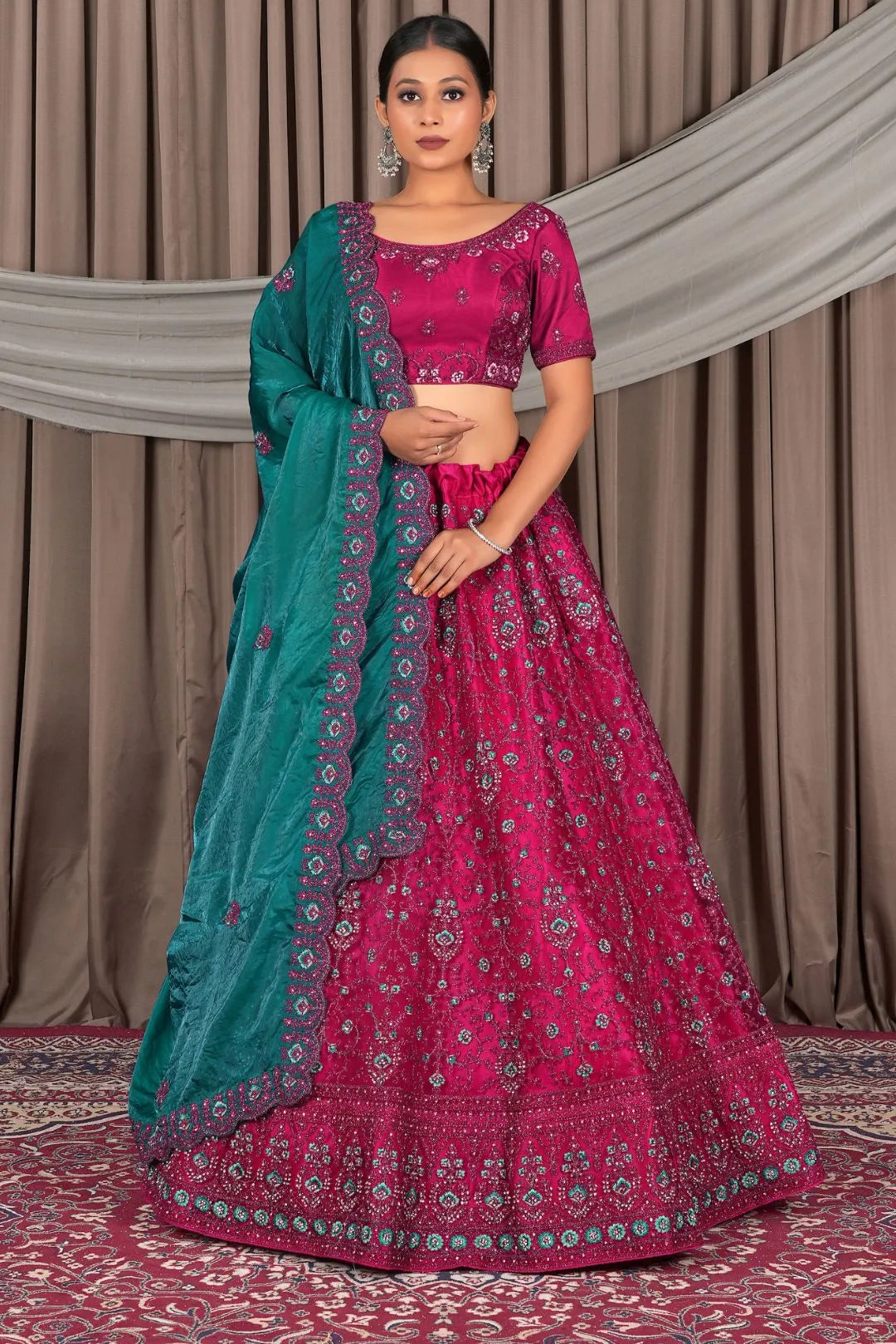 Rani Color Floral Embroidered Net Lehenga Choli Set