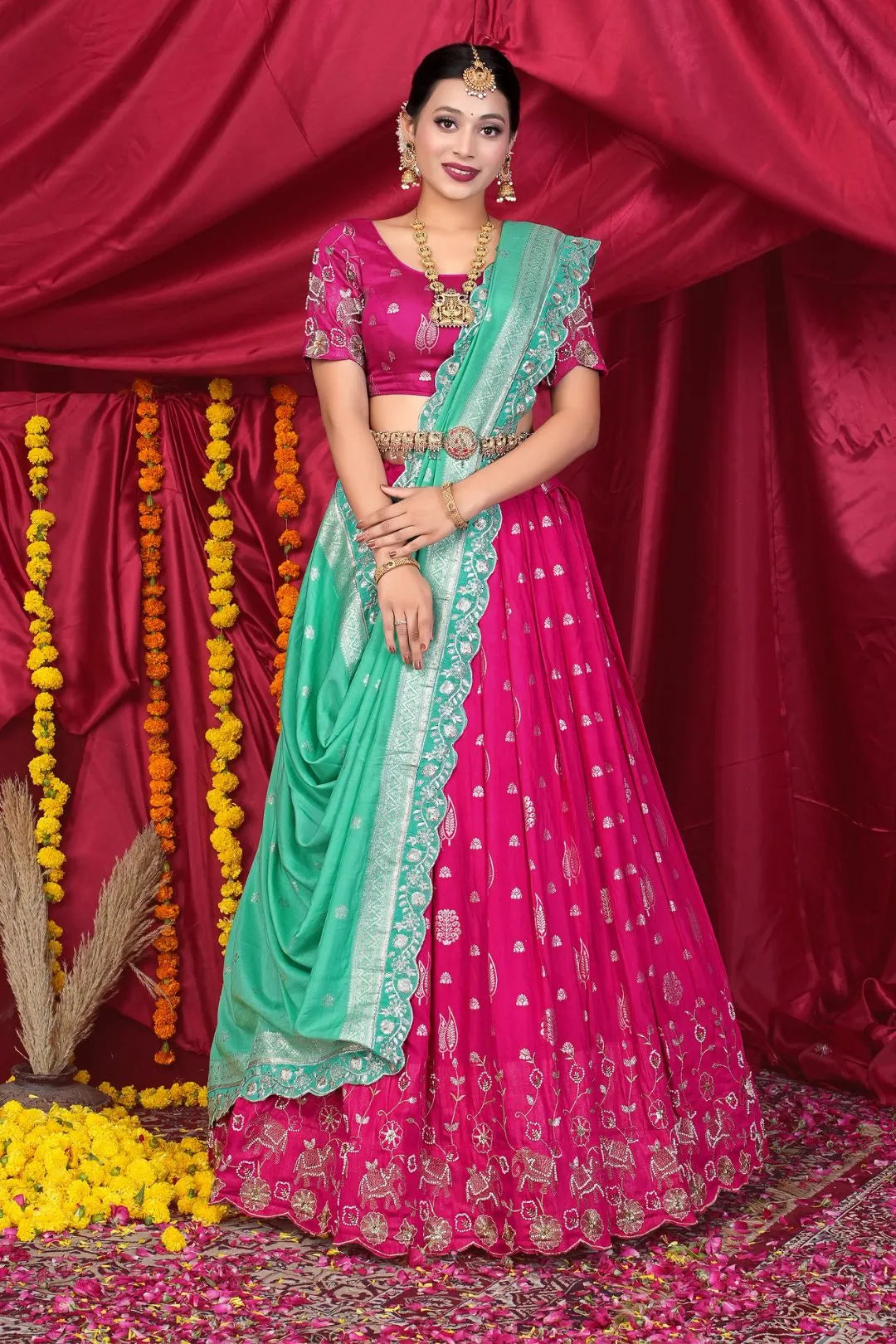 Rani Viscose Jacquard Pattu Lehenga Choli With Zari Work