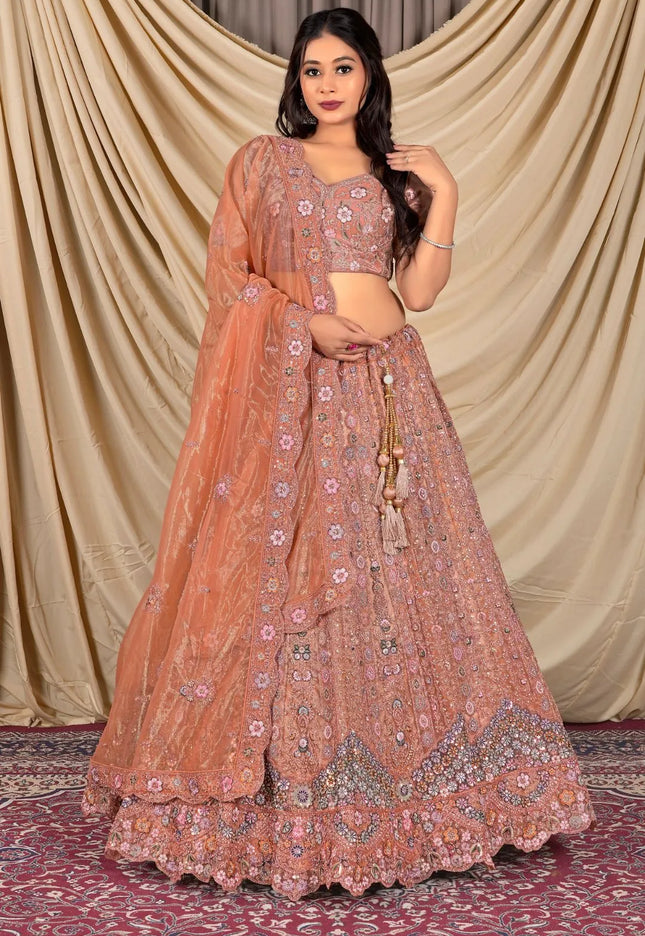 Rust Party Wear Embroidered Twill Net Lehenga Choli For Women