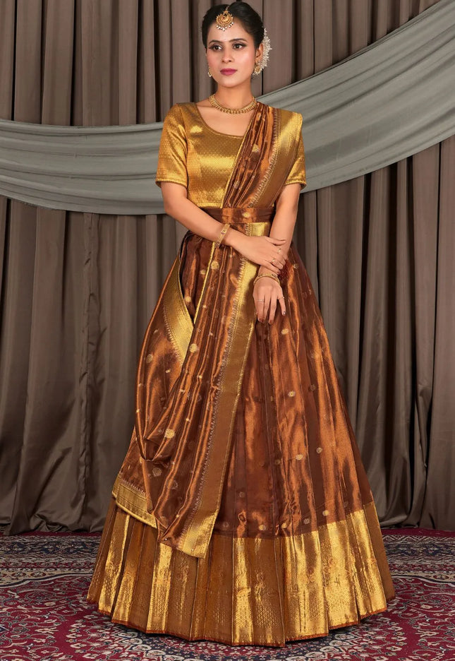 Rust Tissue Silk Zari Work Lehenga For Women