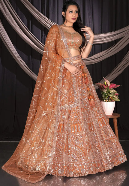 Rust Traditional Net Lehenga Choli With Dupatta