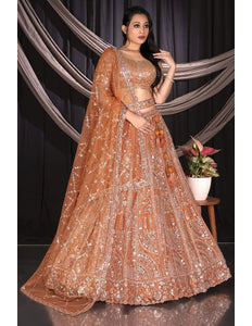 Rust Traditional Net Lehenga Choli With Dupatta
