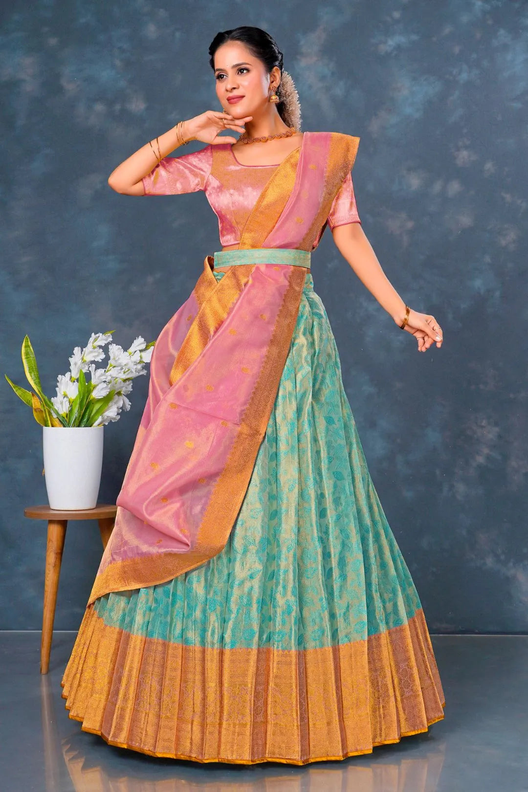Sea Green Designer Lehenga Choli in Tissue Silk