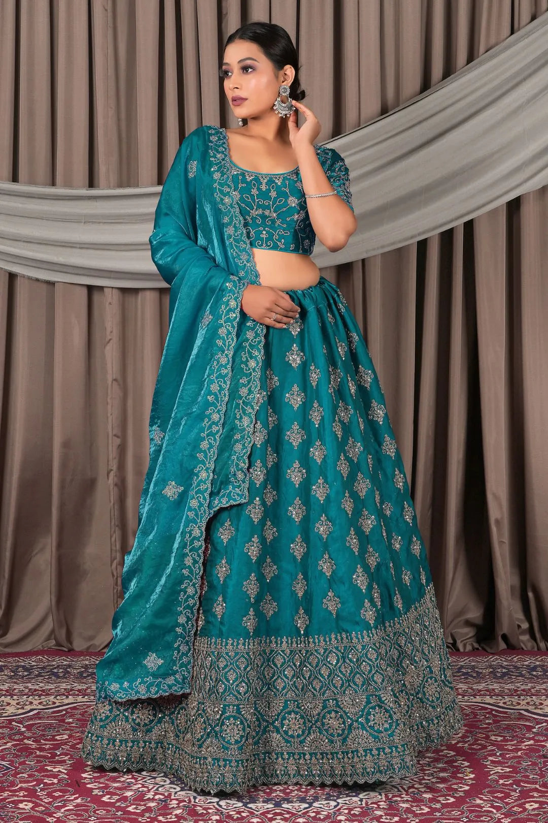Sea Green Fendy Silk Semi-Stitched Lehenga For Women