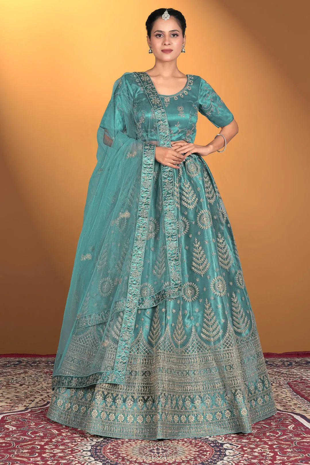 Sea Green Net Lehenga Choli For Women With Embroidery Work