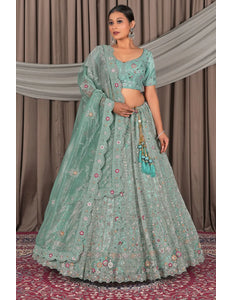 Sea Green Party Wear Embroidered Twill Net Lehenga Choli For Women