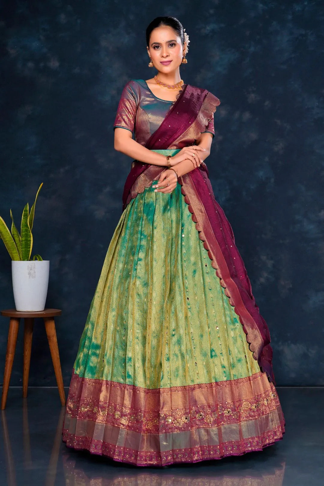 Sea Green Banarasi Designer Half Saree For Women