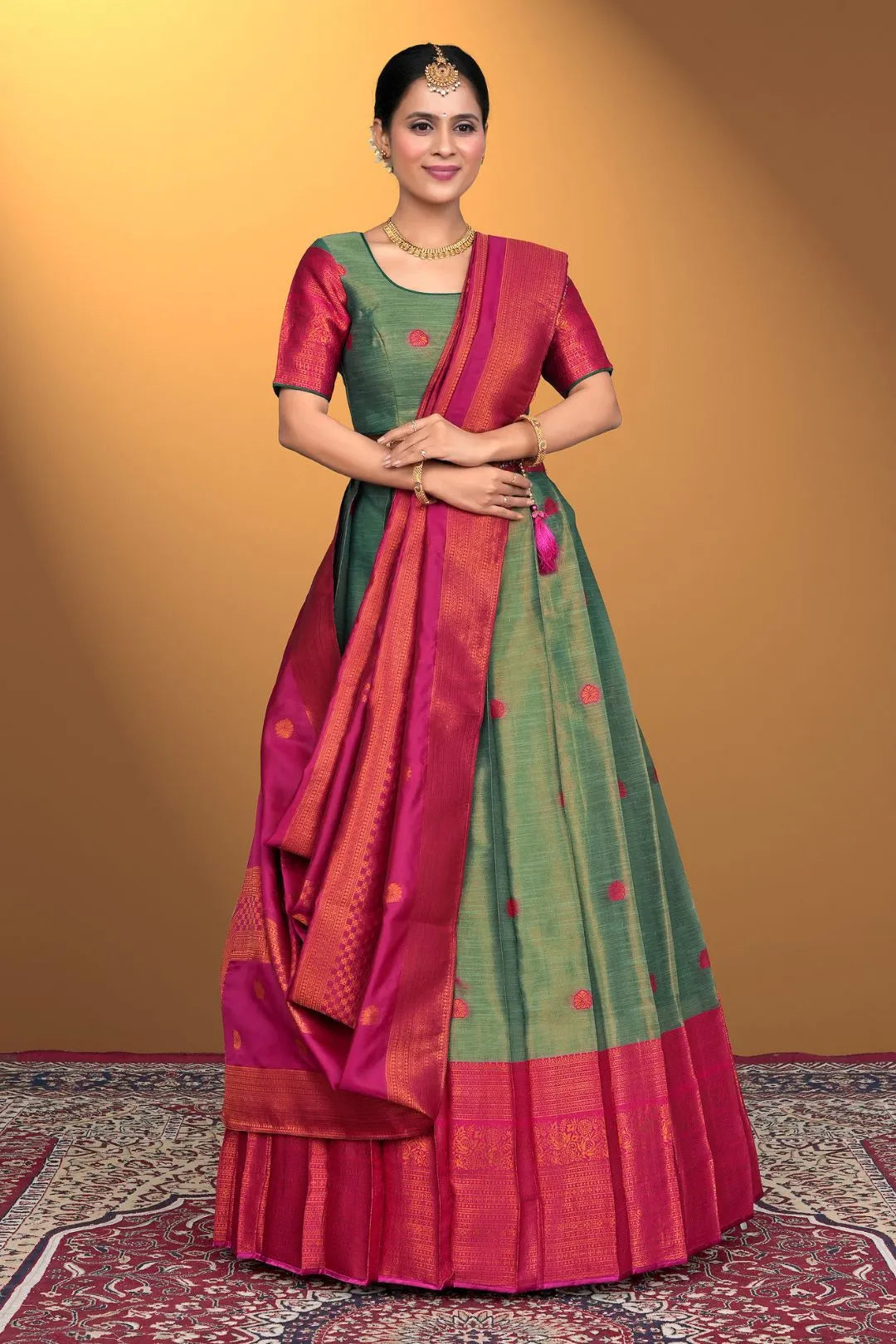 Sea Green Banarasi Pattu Half Saree With Zari Woven