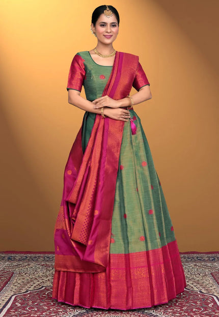 Sea Green Banarasi Pattu Half Saree With Zari Woven