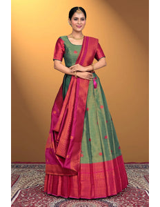 Sea Green Banarasi Pattu Half Saree With Zari Woven