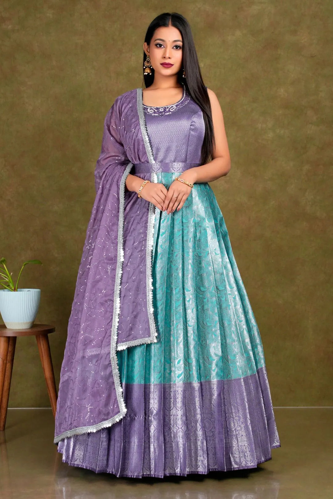 Sea Green Banarasi Silk Gown With Zari Work