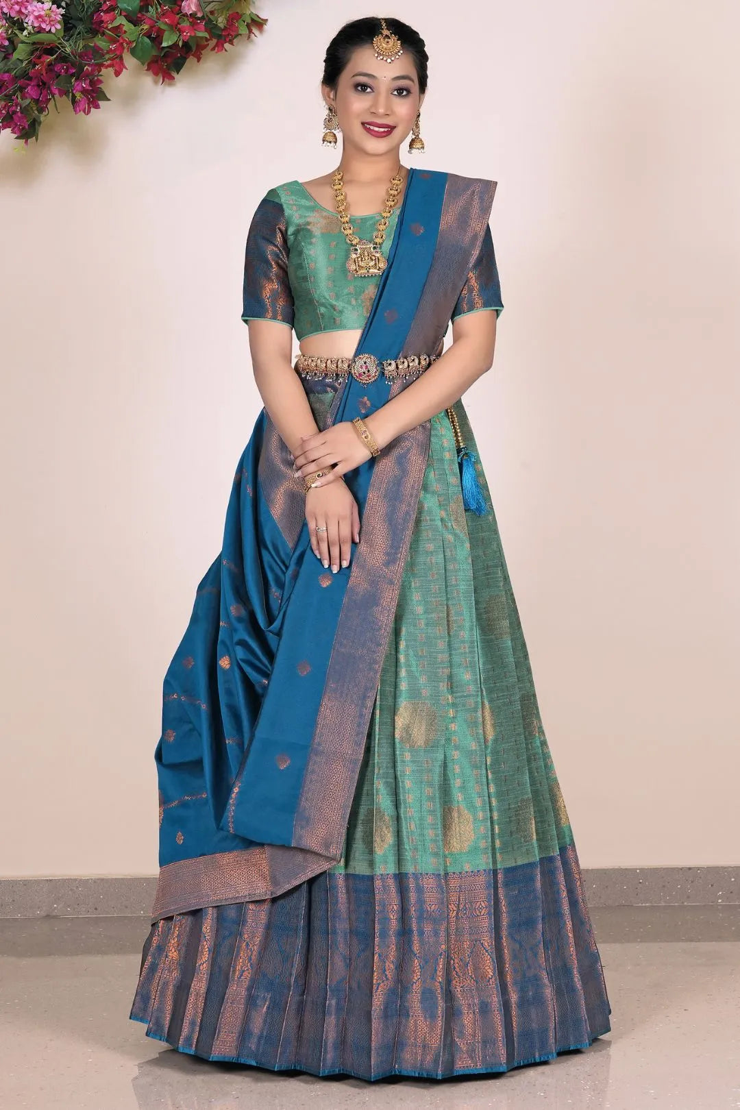Sea Green Banarasi Silk Half Saree Lehenga For Women