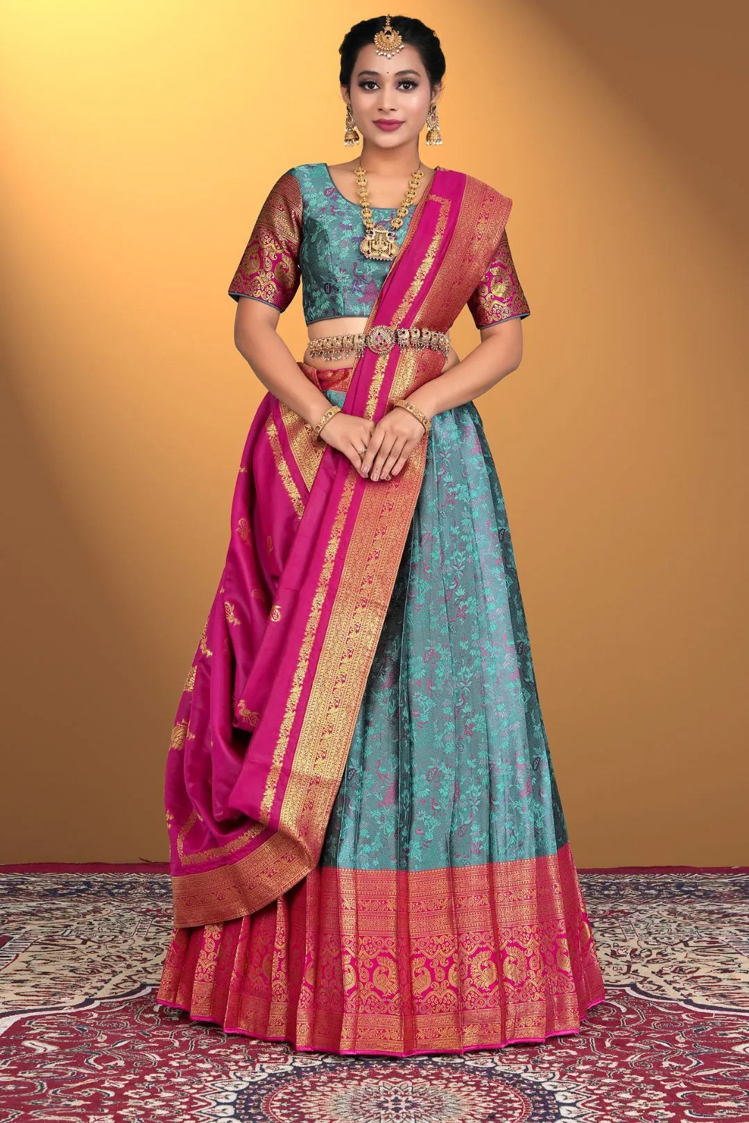 Sea Green Banarasi Zari Silk Half Saree For Women