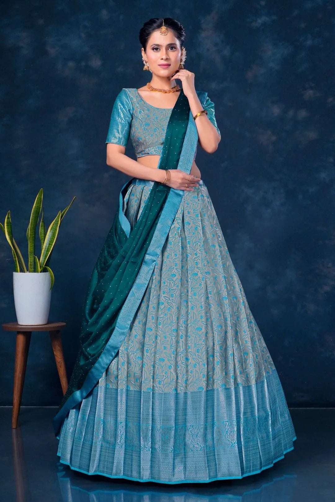 Sea Green Designer Lehenga Choli in Banarasi Silk