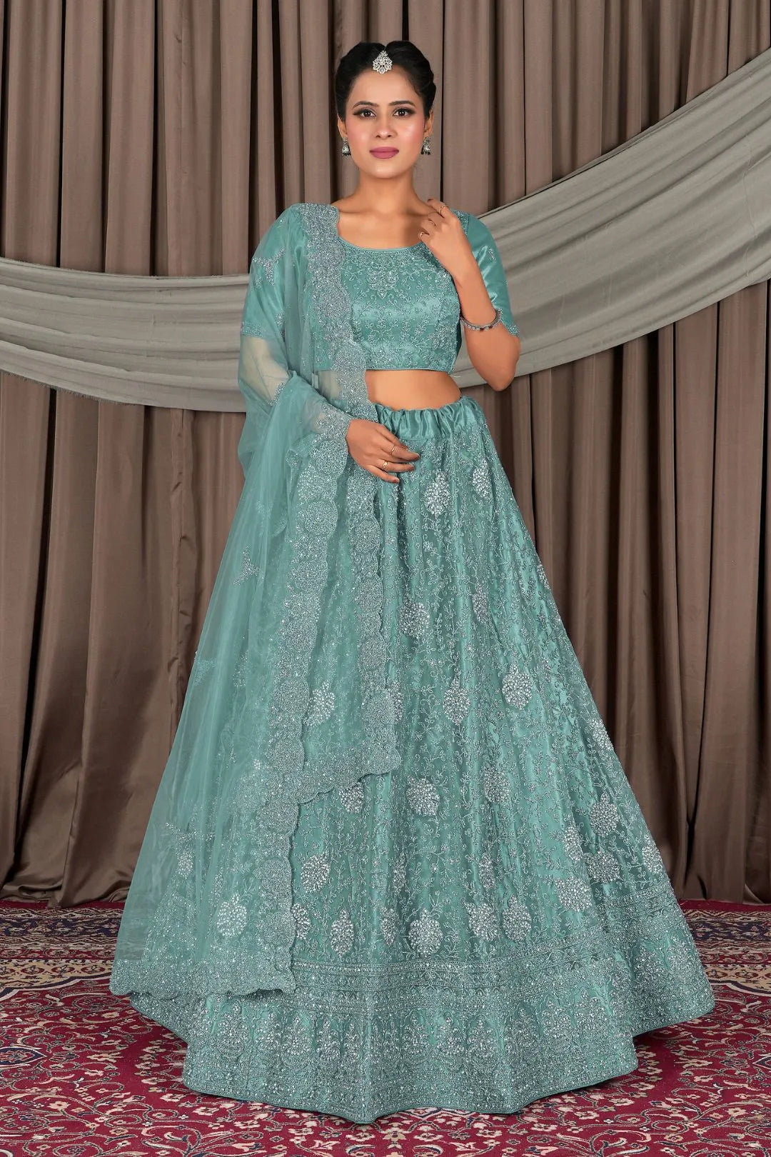 Sea Green Embroidered Bridesmaid Lehenga Choli In Net