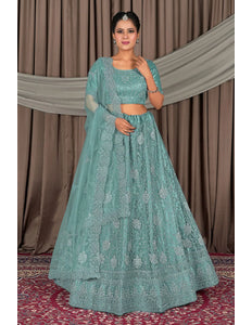 Sea Green Embroidered Bridesmaid Lehenga Choli In Net