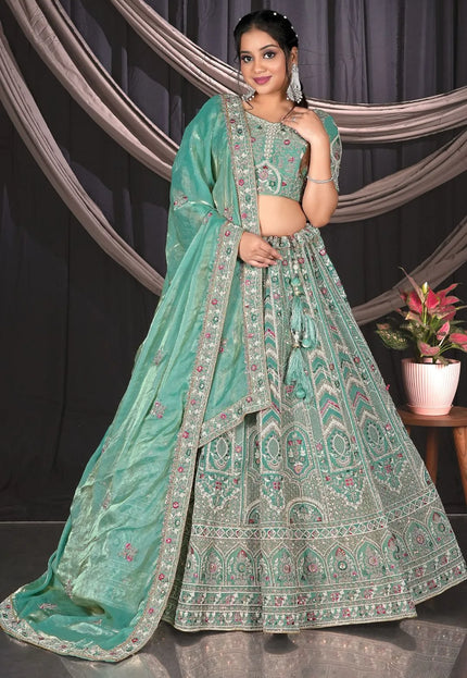 Sea Green Embroidered Jimmy Chew Lehenga Choli For Weddings