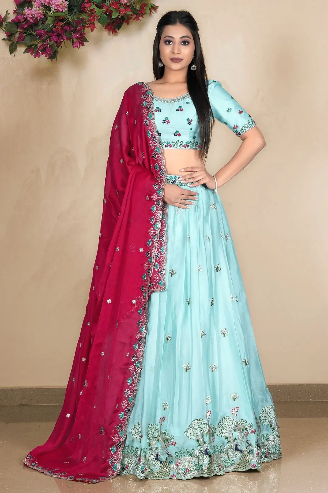 Sea Green Embroidered Lehenga Choli In Satin Chiffon Fabric