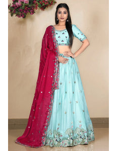 Sea Green Embroidered Lehenga Choli In Satin Chiffon Fabric