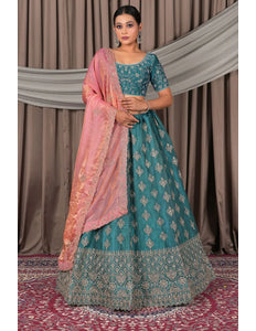Sea Green Fendy Silk Semi-Stitched Lehenga For Women