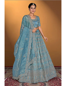 Sea Green Gold Crush Embroidery Lehenga Choli For Women