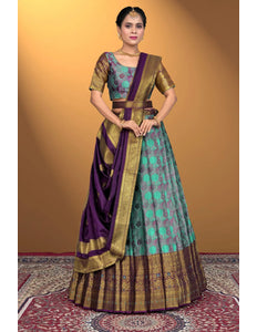 Sea Green Jacquard Silk With Digital Print Latest Lehenga Choli