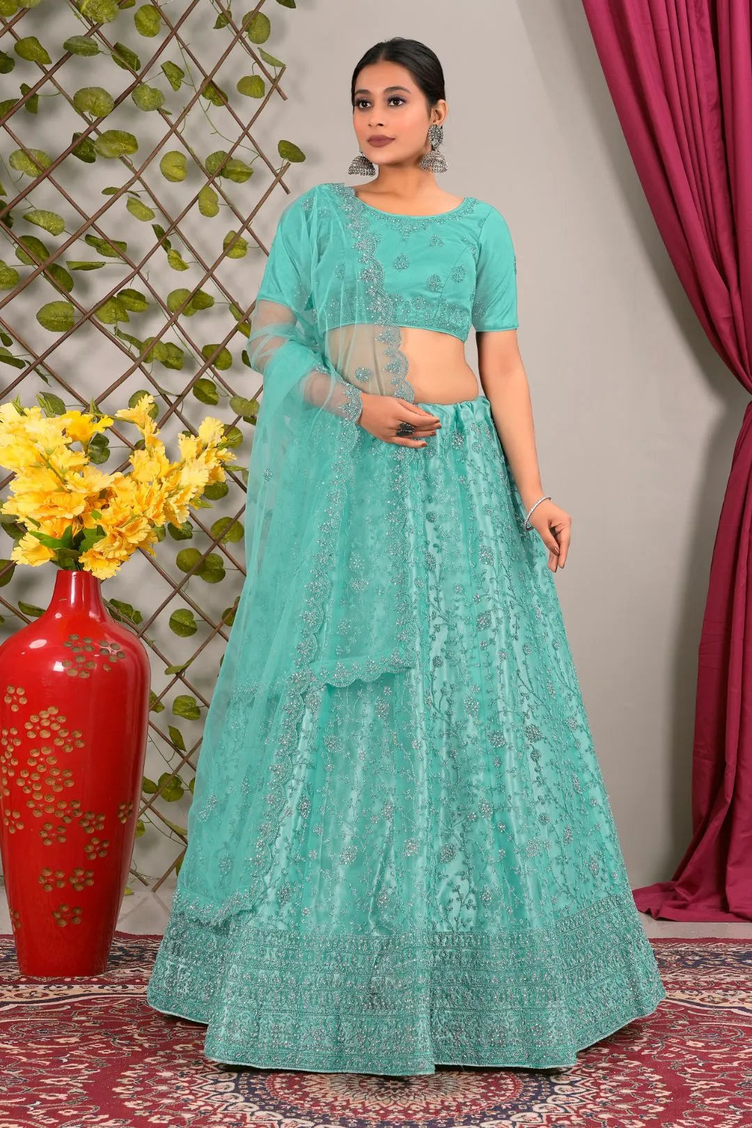 Sea Green Latest Net Lehenga Choli Set Wedding