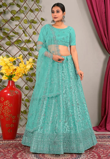 Sea Green Latest Net Lehenga Choli Set Wedding