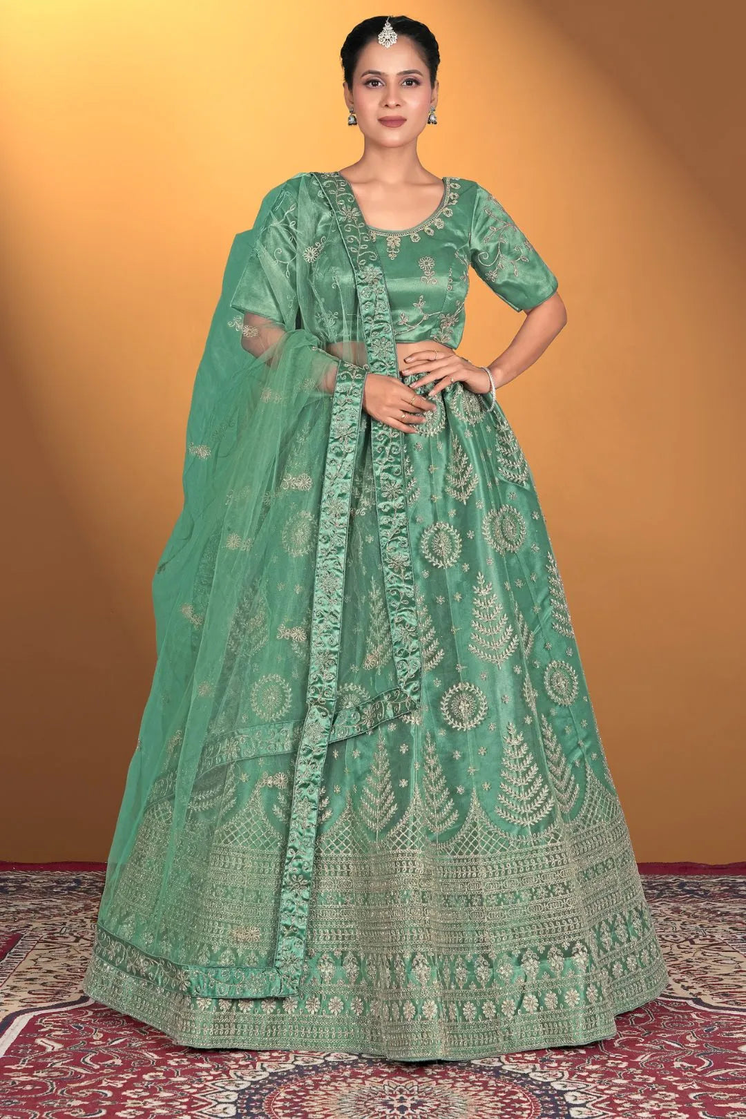Sea Green Net Lehenga Choli For Women With Embroidery Work